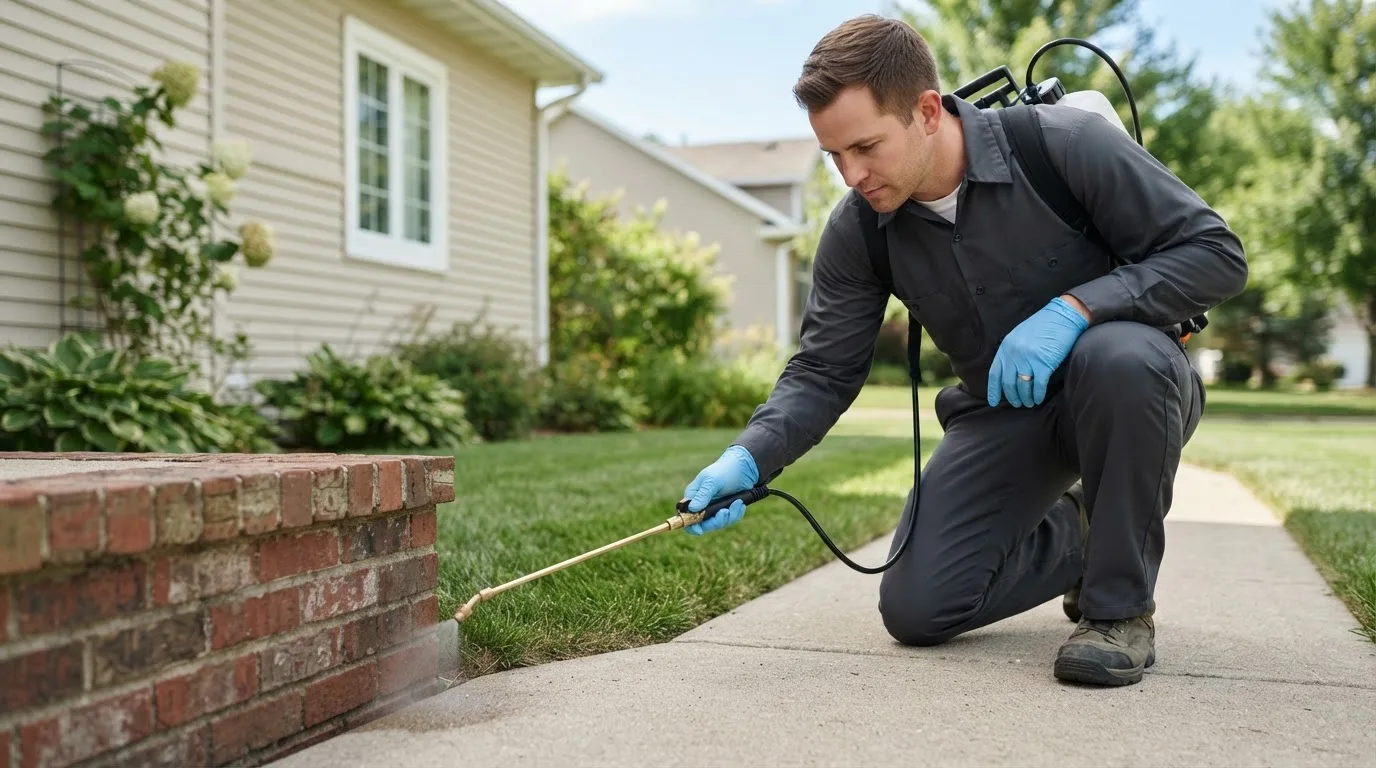 Pest control technician treating a home near Nallen, WV